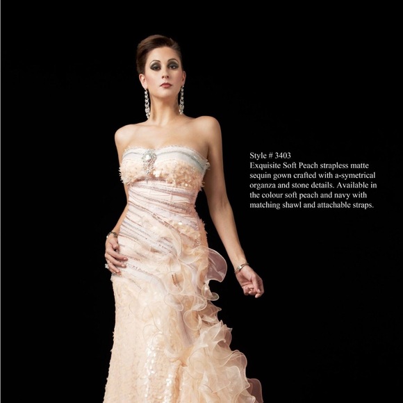 A beautiful embellished gown with graceful details in the colour musk. - Picture 3 of 4